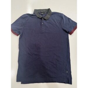 Hugo Boss Mens Regular Fit Polo Shirt Navy Blue Grey Collar Burgundy Trim Size M